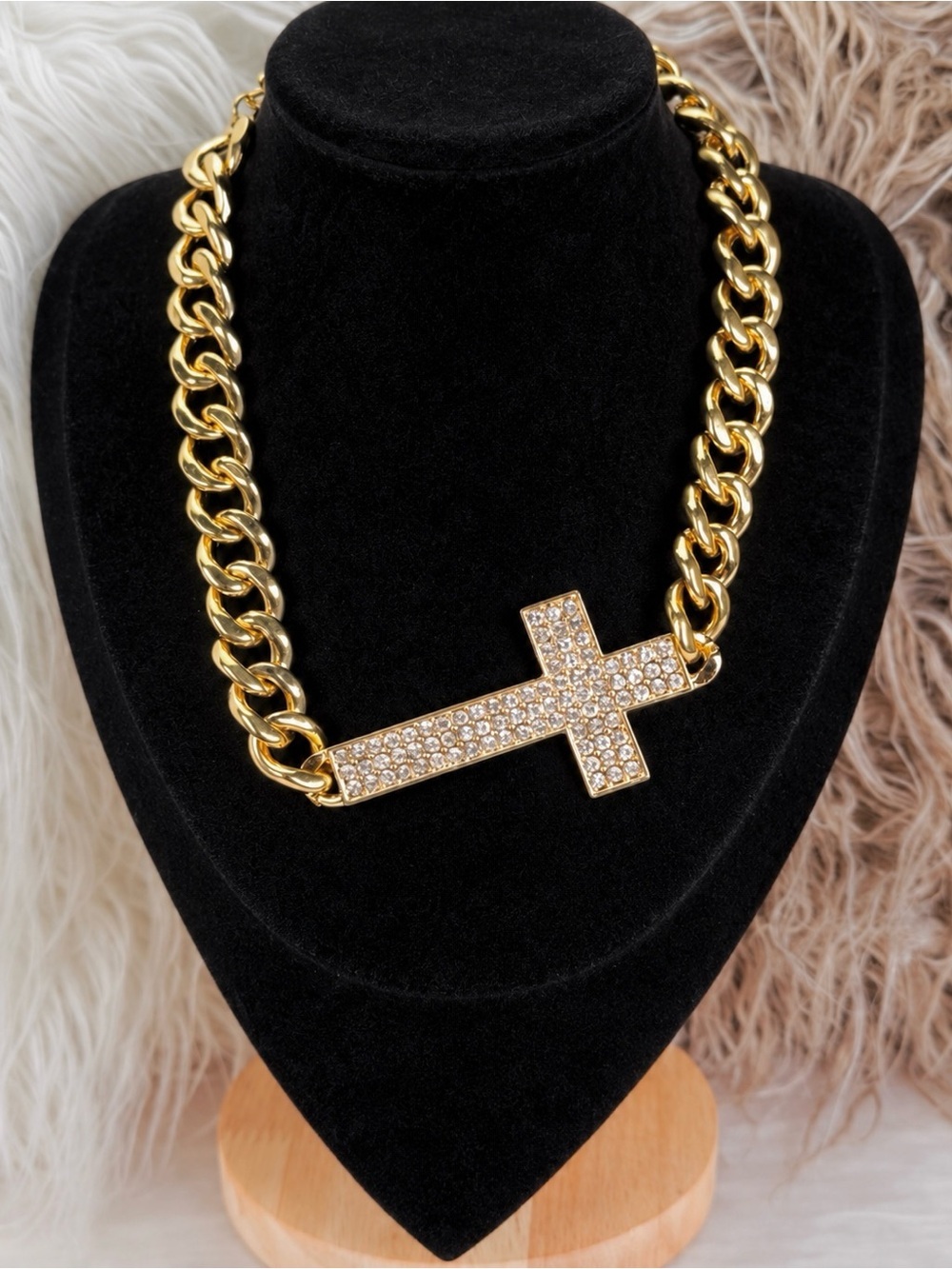 Goldtone, lightweight, costume, bling cross chunky chain statement, necklace